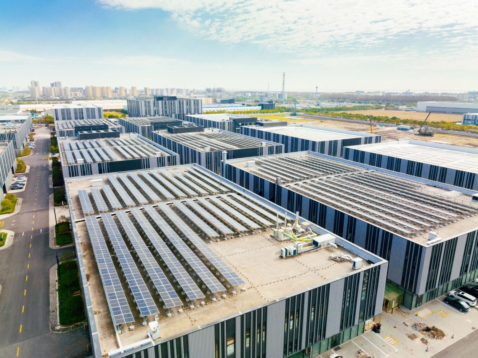 Solar panels on building rooftops