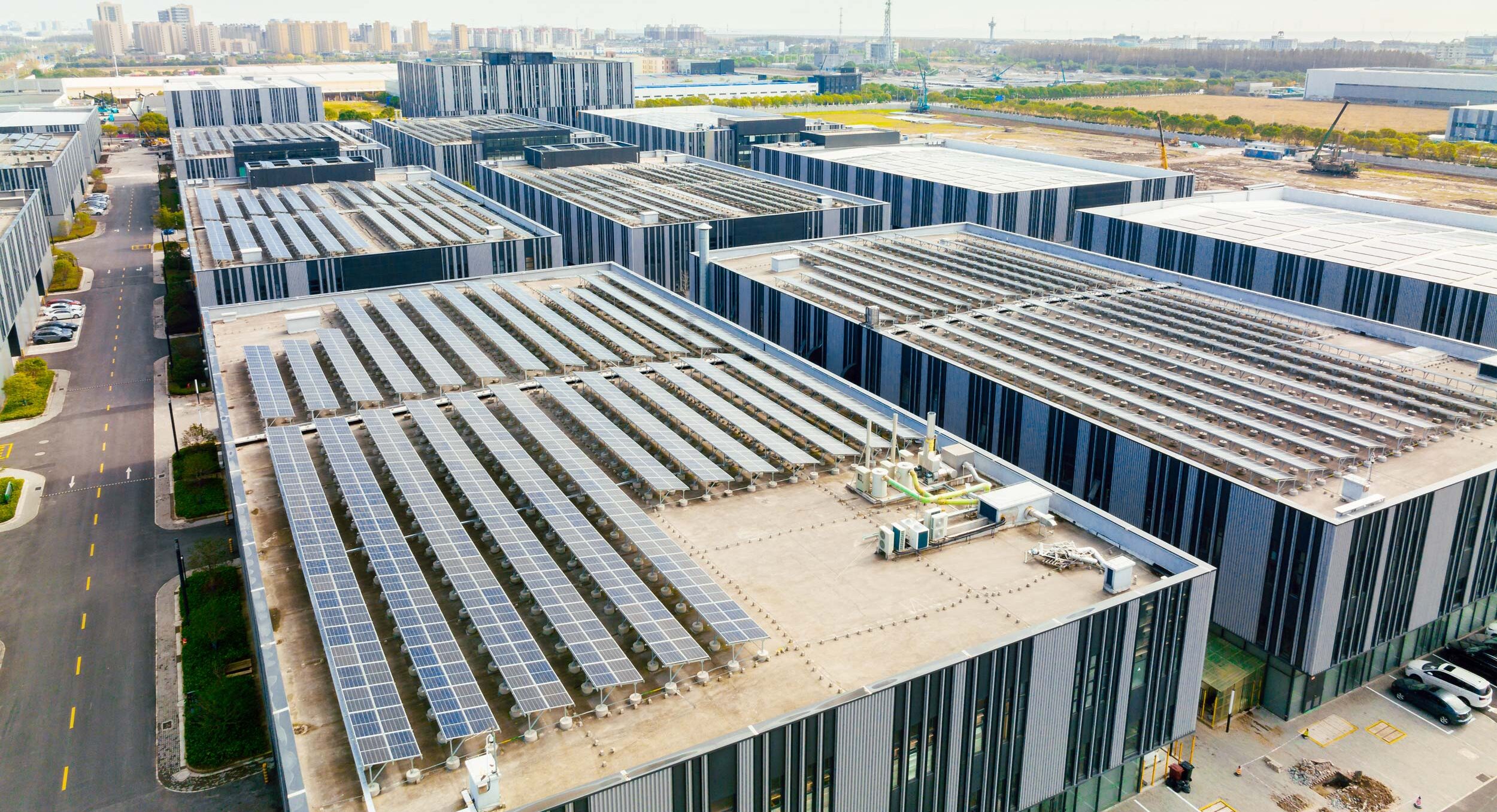 Solar panels on building rooftops